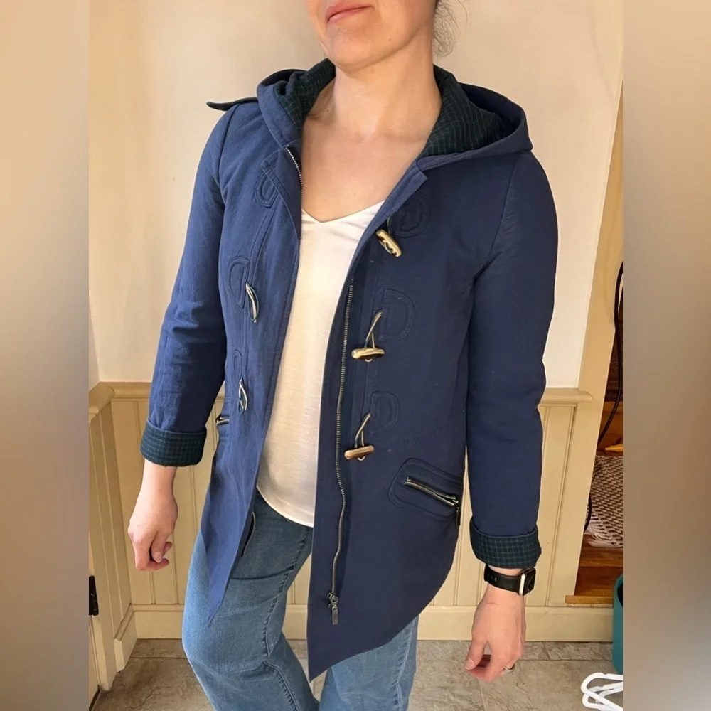 ANTHROPOLOGIE CARTONNIER Navy Blue Brown Toggle Hooded Cadet Coat Zip Jacket S